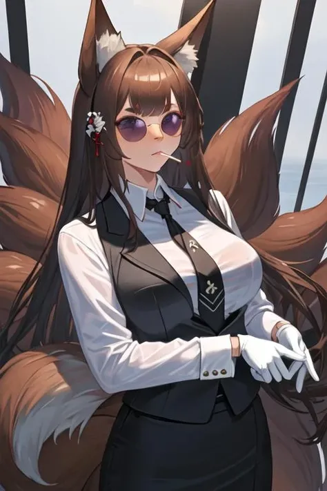 best quality, masterpiece, highres, solo, {black business suit:1.40}, {tie:1.20}, {sunglasses:1.25}, {white gloves:1.15}, {white shirt:1.10}, {black skirt:1.15}, {smoking:1.20}, handsome, {amagi_azurlane:1.15}, animal_ears, fox_ears, brown_hair, long_hair, purple_eyes, bangs, thick_eyebrows, breasts, large_breasts, animal_ear_fluff, hair_ornament, blunt_bangs, tail, fox_girl