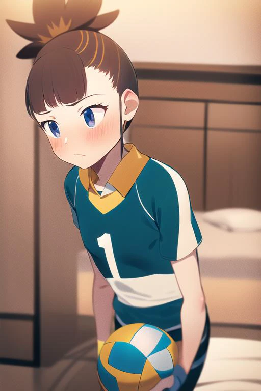 masterpiece, best quality, 1girl, makino ruki, shy, blush, beautiful detailed eyes,  volleyball uniform, royal bedroom, dark, <lora:Squeezer2:1>, <lora:makino ruki-000012:1>