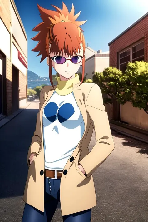 cowboy shot, masterpiece, (best quality), (ultra-detailed), (best illustration), makino ruki, 1girl, orange hair, ponytail, solo, white t-shirt, brown long coat, jeans, standing, hands in pockets, city, anime screencap, medium breasts, blue sunglasses, ufotable screen cap, <lora:animeScreencapStyle_v230epochs:0.2> <lora:My LORA:1> <lora:ufotable_lora_64_128_nai:1>