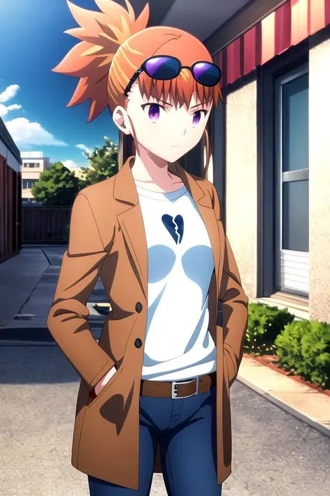 cowboy shot, masterpiece, (best quality), (ultra-detailed), (best illustration), makino ruki, 1girl, orange hair, ponytail, solo, white t-shirt, brown long coat, jeans, standing, hands in pockets, city, anime screencap, medium breasts, blue sunglasses, ufotable screen cap, <lora:animeScreencapStyle_v230epochs:0.2> <lora:My LORA:1> <lora:ufotable_lora_64_128_nai:1>