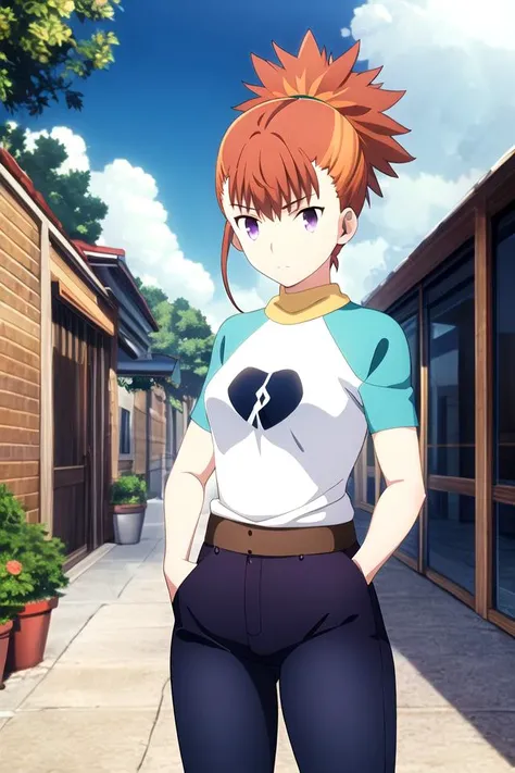 cowboy shot, masterpiece, (best quality), (ultra-detailed), (best illustration), makino ruki, 1girl, orange hair, ponytail, solo, white t-shirt, raglan sleeves, jeans, standing, hands in pockets, cafe, sky, anime screencap, medium breasts, purple eyes, ufotable screen cap, <lora:animeScreencapStyle_v230epochs:0.2> <lora:My LORA:1> <lora:ufotable_lora_64_128_nai:1>