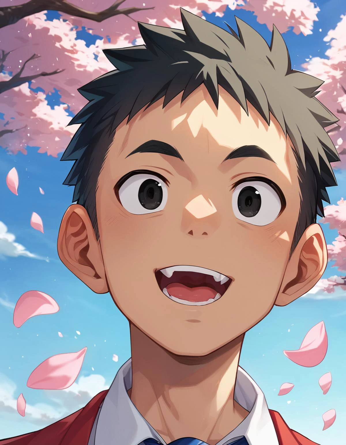 score_9, score_8_up, score_7_up, score_6_up, score_5_up, score_4_up, rating_safe, (young:1.0),
BREAK
masterpiece, best quality, absurdres, unity 8k wallpaper, official art, official style,
BREAK
(1boy, solo, male focus:1.5), (jyunzaburou:1.5),
detailed hair, transparent hair,(looking at viewer, upper body, close up),
BREAK
Delicate eyes, beautiful eyes, detailed eyes,
hi res, detailed,(highlight:1.3), (smile, teeth, open mouth), cherry blossoms, outdoors, petals, sakura, pink petals, floating petals, tie, male school uniform,
BREAK
((male short hair)),((boys short hair)), ((very short hair)), black hair, black eyes,
BREAK
((((zPDXL)))) , <lora:jyunzaburou:1.9>