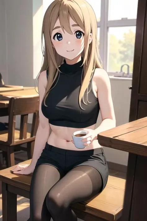 (best quality, masterpiece, high resolution:1.4), 
(1girl, solo, Tsumugi Kotobuki), <lora:Character_Mugi:0.6>,
(black crop top, black shorts, pantyhose:1.2),
sitting at table, cup of coffee, smile,
caf, windows, sunshine, 
volumetric lighting, radiosity, perfectionism, post processing, vibrant, max detail, insanely detailed,