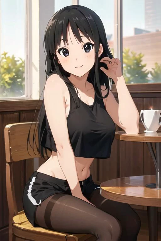 (best quality, masterpiece, high resolution:1.4),
(1girl, solo, Mio Akiyama), <lora:Character_Mio3:0.6>
(black crop top, black shorts, pantyhose:1.2),
sitting at table, cup of coffee, smile,
caf, windows, sunshine,
volumetric lighting, radiosity, perfectionism, post processing, vibrant, max detail, insanely detailed,