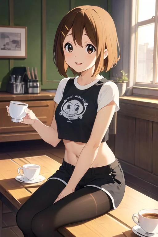 (best quality, masterpiece, high resolution:1.4),
(1girl, solo, Yui Hirasawa), <lora:Character_Yui2:0.6>
(black crop top, black shorts, pantyhose:1.2),
sitting at table, cup of coffee, smile,
caf, windows, sunshine,
volumetric lighting, radiosity, perfectionism, post processing, vibrant, max detail, insanely detailed,