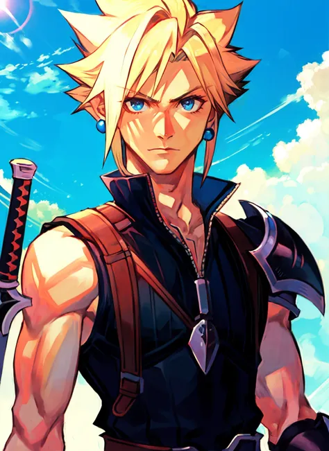 hungry clicker,  sketch, cloud strife, 1boy, armor, blonde hair, blue eyes, closed mouth, earrings, fusion swords, high collar, jewelry, looking at viewer, male focus, over shoulder, ribbed shirt, shirt, short hair, shoulder armor, shoulder belt, single bare shoulder, single earring, sleeveless, sleeveless shirt, solo, spiked hair, sword, sword over shoulder, upper body, weapon, weapon over shoulder, ((masterpiece)) <lora:hungry_clicker_offset:1.2>