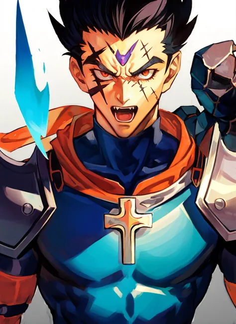 hungry clicker, sketch, dai \(dragon quest\), 1boy, armor, black hair, cross scar, energy, facial mark, fangs, floating rock, forehead mark, glowing, looking at viewer, male focus, open mouth, orange eyes, pauldrons, powering up, rock, scar, scar on cheek, scar on face, scratches, serious, shoulder armor, solo, spiked hair, teeth, upper body, vambraces, ((masterpiece)) <lora:hungry_clicker_offset:1.2>