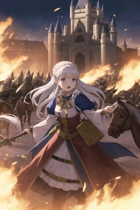 masterpiece, extremely detailed, 1girl, adelaide<lora:roukin8CharacterLohaLocon_loha:0.8>, facing viewer, beautiful detailed eyes, shouting, commanding troops, in battle, fantasy, RPG, action, horses, fire, castle, night, shadow, action, heroine, brave, speed, movement, war