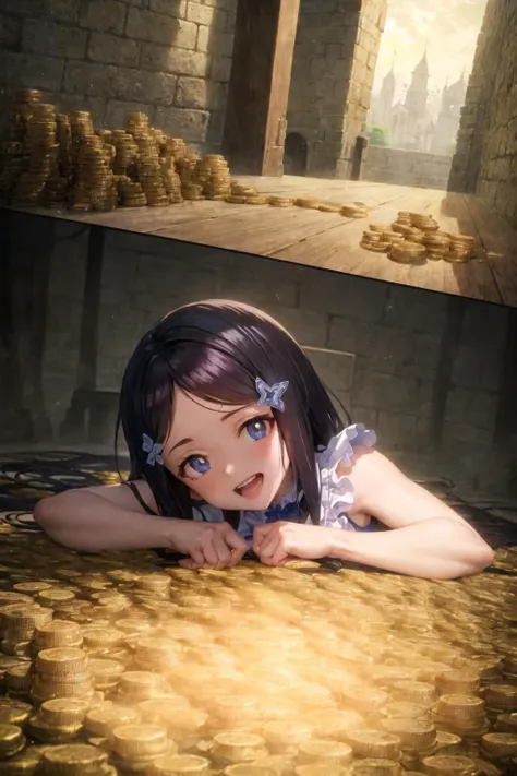 masterpiece, best quality, extremely detailed, detailed intricate illustration, 1girl, yamanomitsuha, looking at viewer, laughing, (lying on a pile of gold coins), cellar filled with many gold coins, (large mound of gold coins), fantasy castle, indoors, glowing, shiny, fantasy, RPG, exciting, rich, sparkle, light beams, underground, beautiful detailed eyes, detailed skin, imagination, realism, figurative, representational, beauty, composition, scale, foreground, middle ground, background, perspective, light, color, texture, detail <lora:roukin8CharacterLohaLocon_loha:0.8>