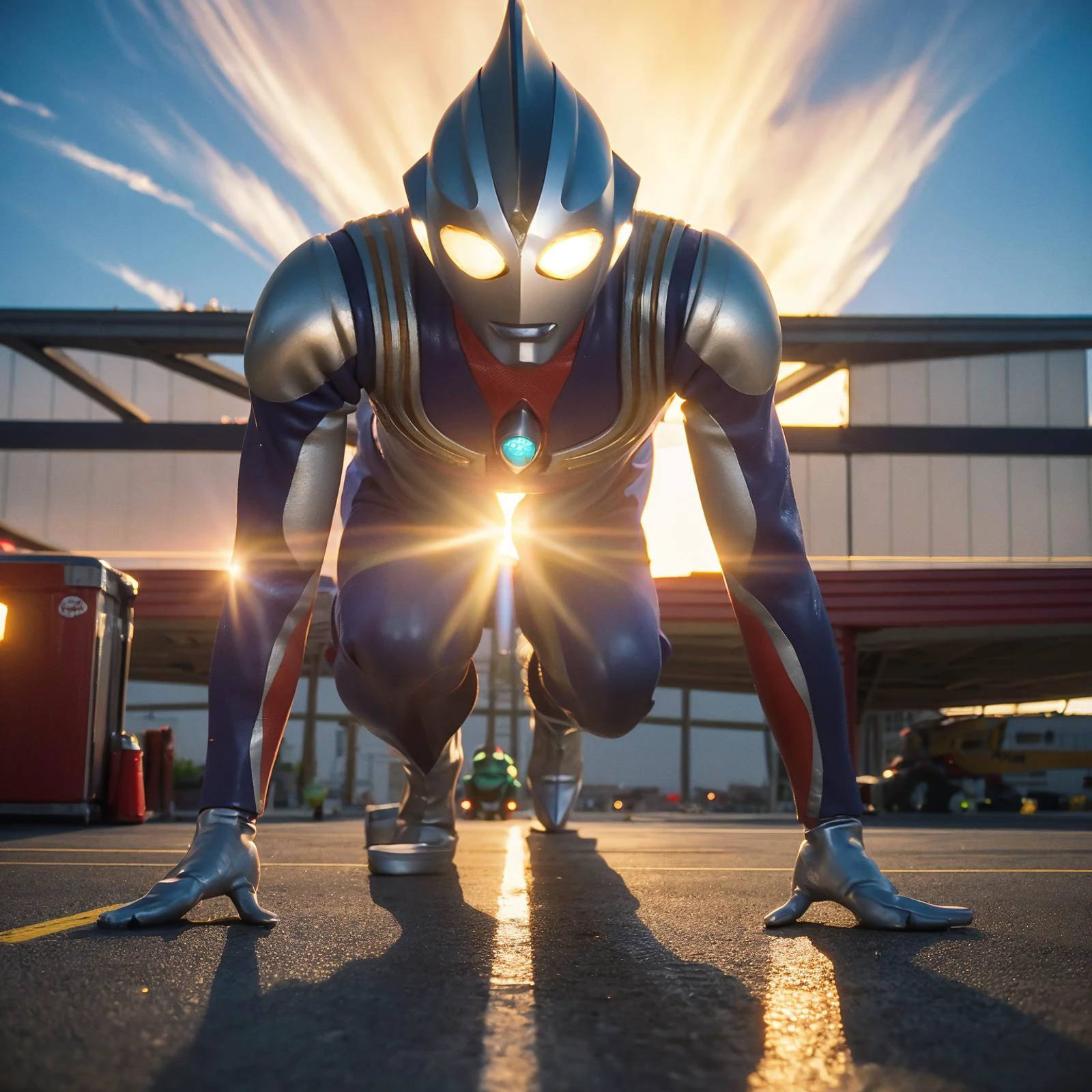 highres, 8k, absurdres, solo, city, looking at viewer, ((tokusatsu)),glowing eyes, yellow eyes, god rays, ready to run, (crouch start:1.3), (airport runway:1.2), airport runway, sprint ready, sprint, airport, planes on sky,
<lora:tiga:0.8> 1boy, (alien:1.4),
