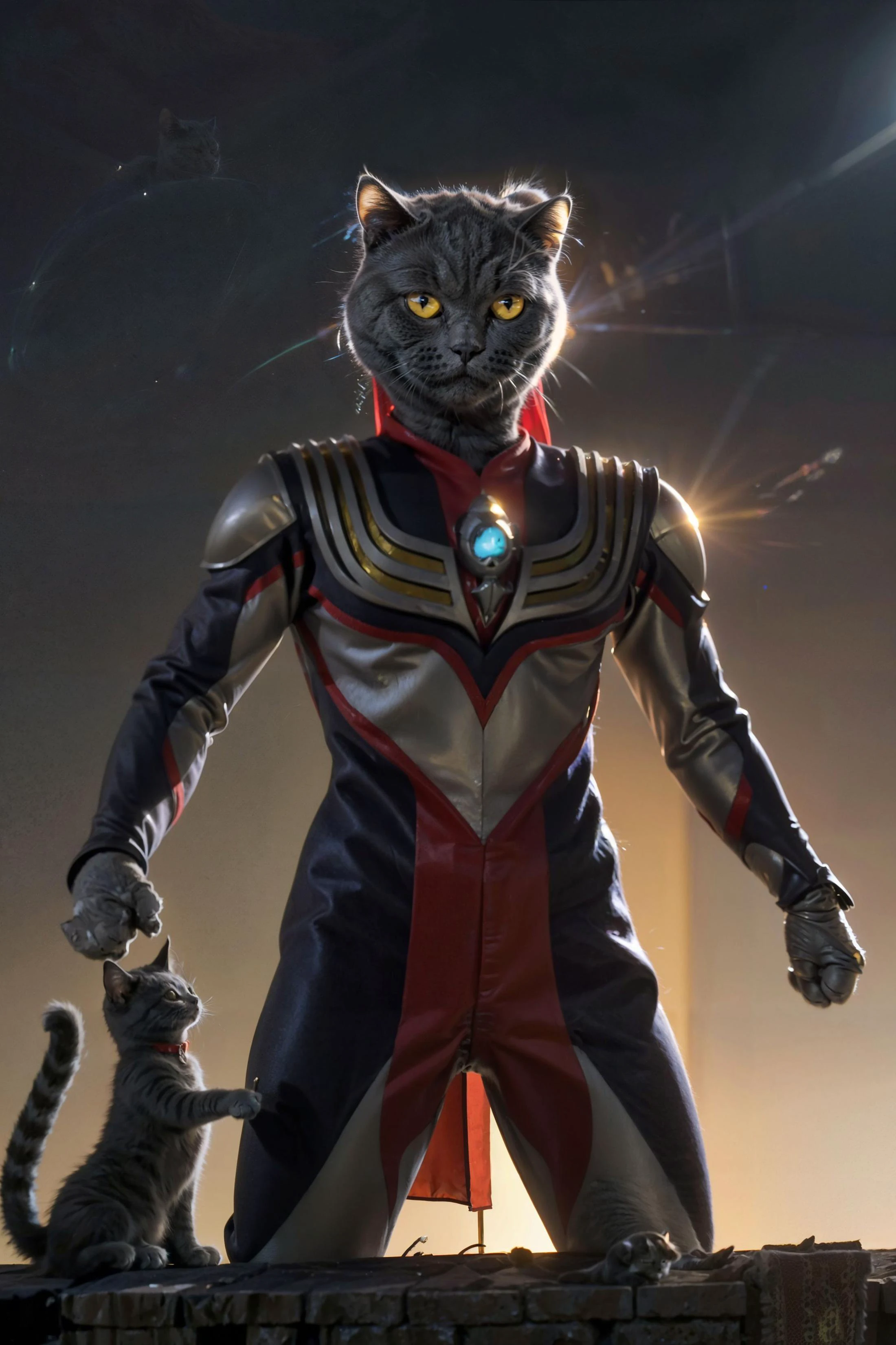 highres, (8k:1.3), absurdres, solo, 1cat, non_human, (cat:1.4), (Chartreux:1.65), solo, space, looking at viewer,(c4ttitude:1.2), ((tokusatsu)),glowing eyes, yellow eyes, standing, god rays, sunbeam,
<lora:Chartreux_38-000002:0.55> , <lora:c4ttitudeflexver:0.25>, <lora:tiga:0.35> 1boy, (alien:1.4)