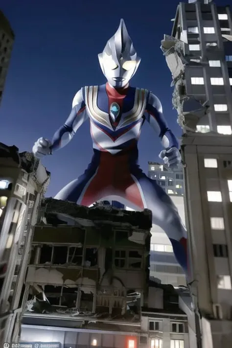 masterpiece, best quality, 1boy, alien, male focus, solo, 1boy, tokusatsu,full body, (giant), railing, glowing eyes, glowing, from below , white eyes,night, 
<lora:dijia-000006:1> <lora:pvcGiantessLora_v1:0.4>,city,building,(Damaged buildings:1.3),tiltshift,(ruins:1.4)
