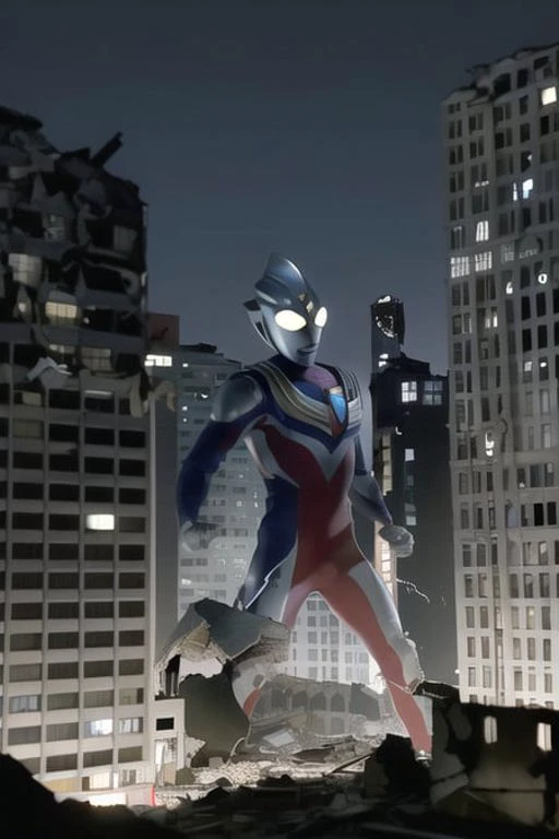 masterpiece, best quality, 1boy, alien, male focus, solo, 1boy, tokusatsu,full body, (giant), railing, glowing eyes, glowing, from below , white eyes,night,
<lora:dijia-000006:1> <lora:pvcGiantessLora_v1:0.4>,city,building,(Damaged buildings:1.3),tiltshift,(ruins:1.4)