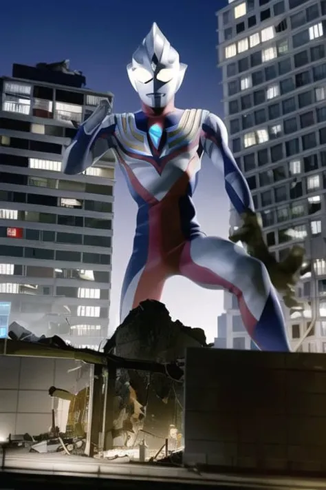 masterpiece, best quality, 1boy, alien, male focus, solo, 1boy, tokusatsu,full body, (giant), railing, glowing eyes, glowing, from below , white eyes,night, 
<lora:dijia-000006:1> <lora:pvcGiantessLora_v1:0.4>,city,building,(Damaged buildings:1.3),tiltshift,(ruins:1.4)