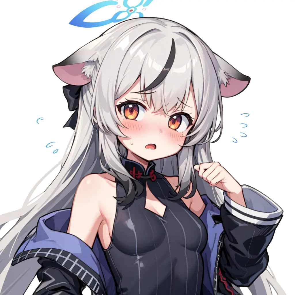 <lora:kokona_v1> masterpiece, best quality, ultra-detailed, illustration,1girl, black dress, black jacket, blush, breasts, clothing cutout, dress, flying sweatdrops, halo, jacket, kokona, long sleeves, looking at viewer, open mouth, simple background, solo, upper body, white background