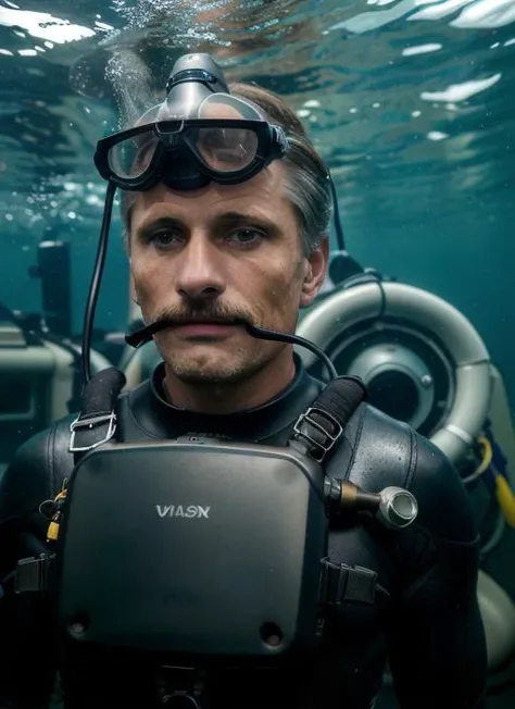 vm1 RAW photo, 1man, mustache, (Deep-sea researcher: Hi-tech diving suit, underwater exploration helmet, waterproof tablet, diving fins, underwater camera) (high detailed skin), 8k uhd, dslr, soft lighting, high quality, film grain, Fujifilm XT3, <lora:ViggoMortensen:.95>