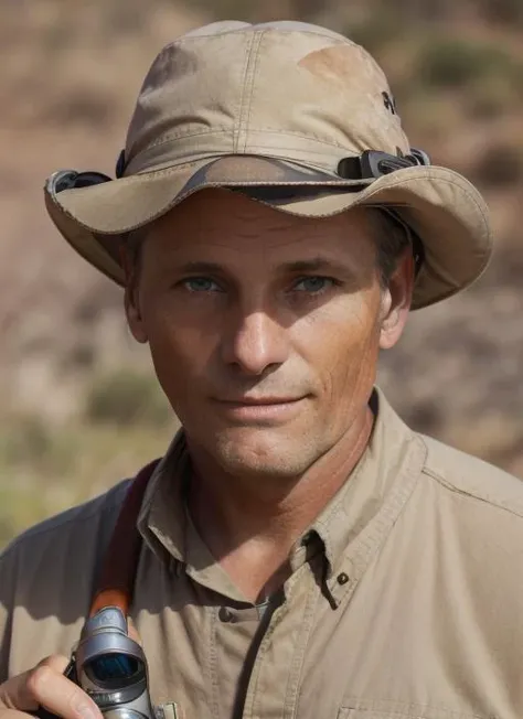 vm1 RAW photo, 1man, (wearing Safari Explorer: Khaki Shirt, Cargo Pants, Hiking Boots, Pith Helmet, Binoculars) (high detailed skin), 8k uhd, dslr, soft lighting, high quality, film grain, Fujifilm XT3, <lora:ViggoMortensen:.95>