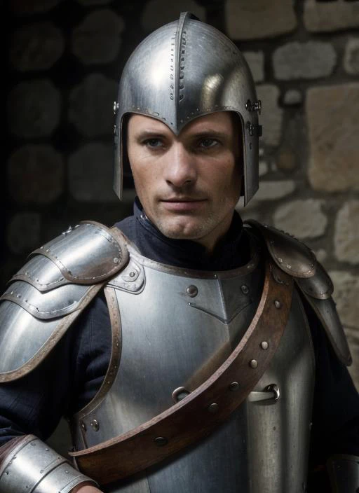 vm1 RAW photo, 1man, (wearing "Barbute helmet, brigandine armor, vambraces, flail, polearm") (high detailed skin), 8k uhd, dslr, soft lighting, high quality, film grain, Fujifilm XT3, <lora:ViggoMortensen:.95>