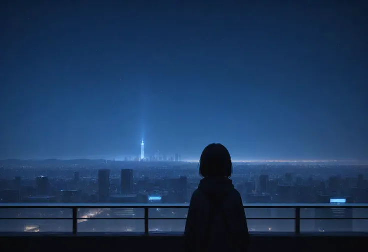 score_9, score_8_up, source_anime, 1girl, cowboy shot, rule of thirds, composition, cinematic, very wide shot, night, night sky, skyline, cityscape, snowing, looking away, from behind, cinematic, cold lighting, blue theme, dark theme, silhouette