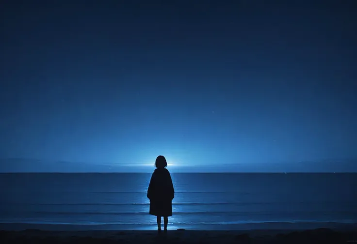 score_9, score_8_up, source_anime, 1girl, cowboy shot, rule of thirds, composition, cinematic, very wide shot, night, night sky, ocean, snowing, looking away, from behind, cinematic, cold lighting, blue theme, dark theme, silhouette