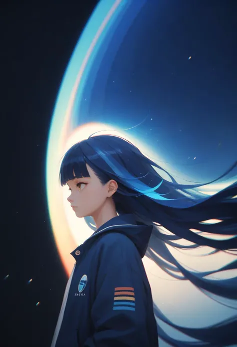 score_9, score_8_up, score_7_up, 1girl, indigo hair, very long hair, blunt bangs, simple background, black background, cowboy shot, aesthetic, teenage, floating hair, dynamic, high contrast, light particles, chromatic aberration, motion blur, blurry, standing to the left