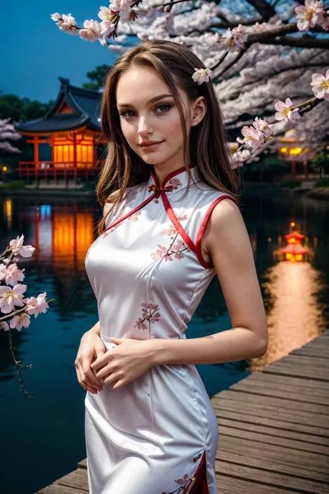 wearing a Cheongsam, white trim, shiny silk, floral design, looking at viewer, smirk, happy, medium shot, standing, outside, lake, night torii, high quality, masterpiece, (sakura trees, cherry blossom), (paper lanterns, lunar new year) <lora:PerfectFullBreasts-fCV3.5:1.0>, <lora:more_details:0.8>, <lora:GoodHands-vanilla:0.8>, <lora:NataliePortmanV2Dogu:0.8> natpor