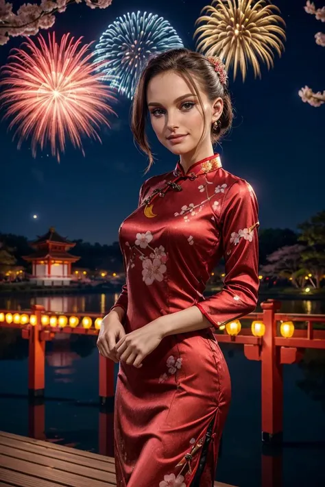 wearing a Cheongsam, shiny silk, floral design, looking at viewer, smirk, happy, medium shot, standing, outside, lake, night torii, fireworks, high quality, masterpiece, (sakura trees, cherry blossom), (paper lanterns, lunar new year) <lora:PerfectFullBreasts-fCV3.5:1.0>, <lora:more_details:0.8>, <lora:GoodHands-vanilla:0.8>, <lora:NataliePortmanV2Dogu:0.8> natpor
