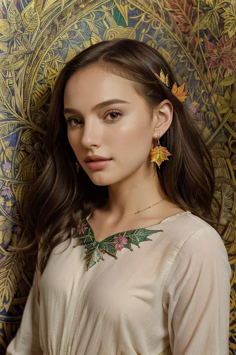 (masterpiece, top quality, best quality, official art, beautiful and aesthetic:1.2), (1girl:1.3), extremely detailed,(medieval art:1.1),(colorful:1.1)(flowers:1.3),highest detailed,(zentangle:1.2), (dynamic pose), (abstract background:1.3), (shiny skin), (many colors:1.4), ,(earrings), (leaf:1.5) cute, small face,  light smile, dynamic pose, <lora:NataliePortmanV2Dogu:0.9> detailed shirt,