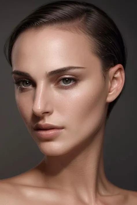 natlp, full color portrait of woman, (oiled shiny skin:1.0), (slick undercut hair:1.0), face close up, (tilted pose, tilted angle:1.3),
masterpiece, best quality, sharp focus, highres 8k uhd, ultra-detailed, rim light, deep grey background,
<lora:NataliePortmanV1:0.7>