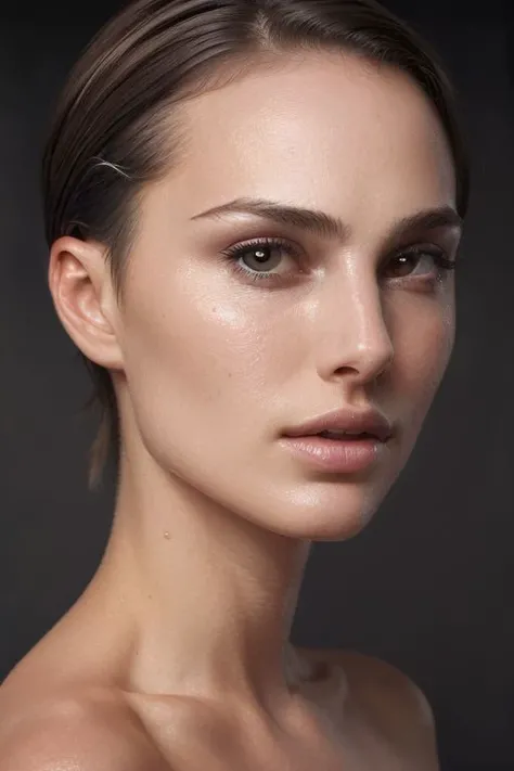 natlp, full color portrait of woman, (oiled shiny skin:1.0), (slick undercut hair:1.0), face close up, (tilted pose, tilted angle:1.3),
masterpiece, best quality, sharp focus, highres 8k uhd, ultra-detailed, rim light, deep grey background,
<lora:NataliePortmanV1:0.7>