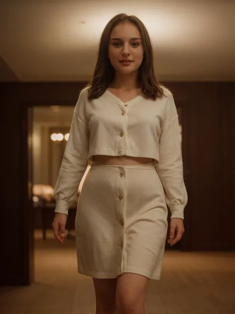 full body photo, 22yo natpor <lora:NataliePortmanV2Dogu:0.95> in a cosy movie scene