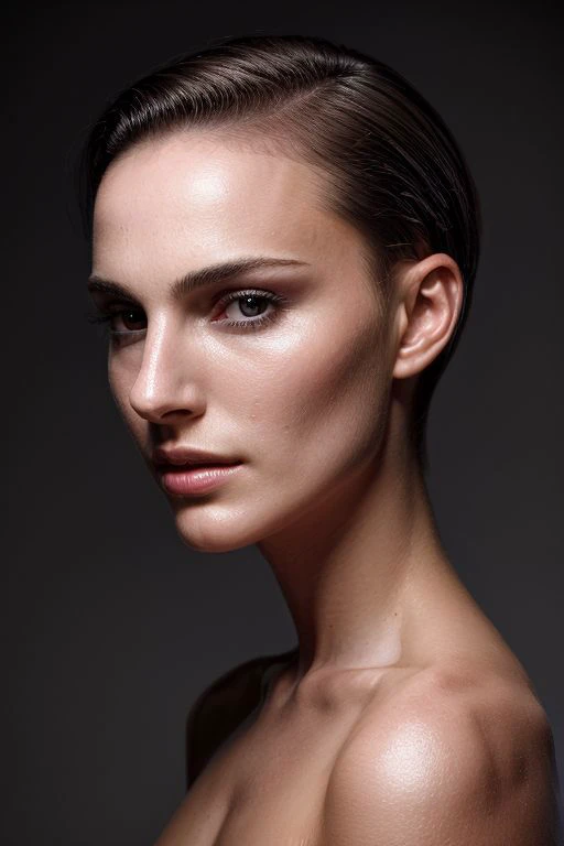 natlp, full color portrait of woman, (oiled shiny skin:1.0), (slick undercut hair:1.0),
masterpiece, best quality, sharp focus, highres 8k uhd, ultra-detailed, rim light, deep grey background,
<lora:NataliePortmanV1:0.7>