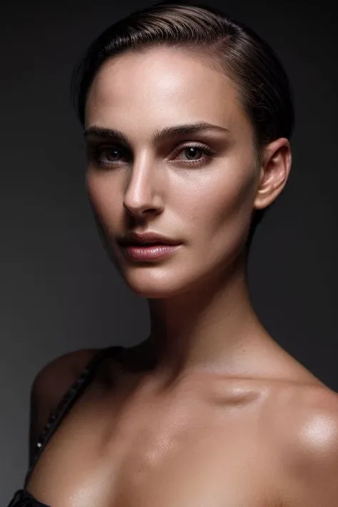 natlp, full color portrait of woman, (oiled shiny skin:1.0), (slick undercut hair:1.0),
masterpiece, best quality, sharp focus, highres 8k uhd, ultra-detailed, rim light, deep grey background,
 <lora:NataliePortmanV1:0.75>