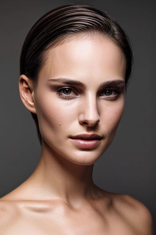 natlp, full color portrait of woman, (oiled shiny skin:1.0), (slick undercut hair:1.0), close up, (tilted angle:1.1),
masterpiece, best quality, sharp focus, highres 8k uhd, ultra-detailed, rim light, deep grey background,
<lora:NataliePortmanV1:0.7>