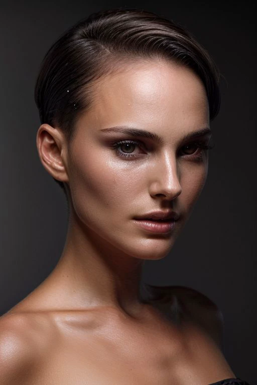 natlp, full color portrait of woman, (oiled shiny skin:1.0), (slick undercut hair:1.0),
masterpiece, best quality, sharp focus, highres 8k uhd, ultra-detailed, rim light, deep grey background,
<lora:NataliePortmanV1:0.7>