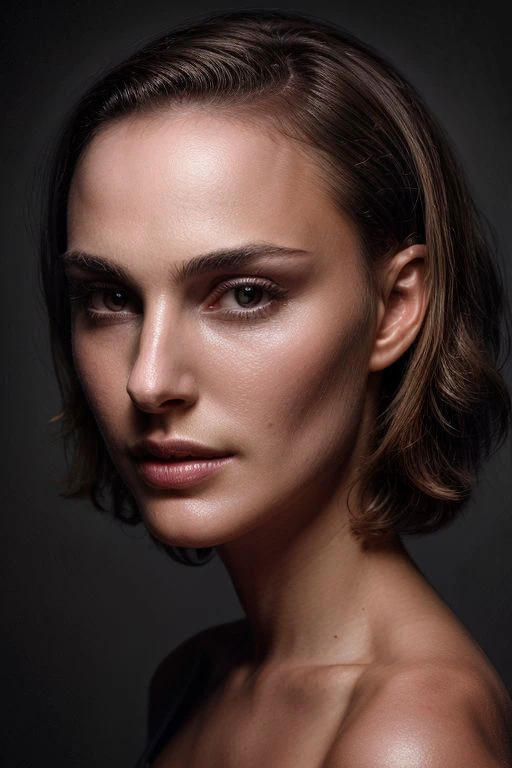 natlp, full color portrait of woman, (oiled shiny skin:1.0), (slick undercut hair:1.0),
masterpiece, best quality, sharp focus, highres 8k uhd, ultra-detailed, rim light, deep grey background,
 <lora:NataliePortmanV1:0.8>