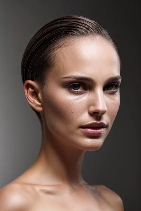 natlp, full color portrait of woman, (oiled shiny skin:1.0), (slick undercut hair:1.0), face close up, (tilted pose, tilted angle:1.3),
masterpiece, best quality, sharp focus, highres 8k uhd, ultra-detailed, rim light, deep grey background,
 <lora:NataliePortmanV1:0.7>