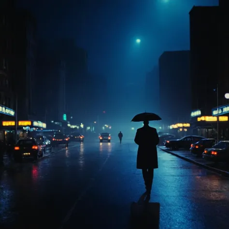 cinematic film still of <lora:Cool Lighting Style:1> Dark Blue Night Cool Lighting Style
<lora:Cinematic Film Stock Footage Style:0.55>
a city street with cars and people walking on it Cinematic Film Stock Footage Style, outdoors, sky, no humans, night, umbrella, ground vehicle, building, scenery, motor vehicle, rain, city, sign, car, road, cityscape, lamppost, street, neon lights
, shallow depth of field, vignette, highly detailed, high budget, bokeh, cinemascope, moody, epic, gorgeous, film grain, grainy