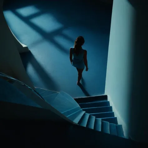 cinematic film still of <lora:Cool Lighting Style:1> Blue Cool Lighting Style
<lora:Chiaroscuro Lighting Style:1>
from above, dramatic, cinematic, shadow, partially covered in shadow, a spiral staircase with a person walking up it Chiaroscuro Lighting Style, 1girl, solo, indoors, scenery, stairs, shallow depth of field, vignette, highly detailed, high budget, bokeh, cinemascope, moody, epic, gorgeous, film grain, grainy