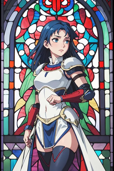 (masterpiece,best quality),1girl,isadorafe,blue hair,standing,arms crossed,armor,pauldrons,armored dress,thighhighs,cowboy shot,(in medieval palace,stained glass window background,indoors:1.3) ,<lora:IsadoraFE:0.9>,