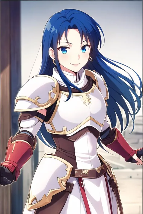 1girl,isadorafe,standing,facing viewer,armor,armored dress,pauldrons,blue hair,blue eyes,circle,jewelry,earrings,smiling,white armor, <lora:IsadoraFE:0.9>
