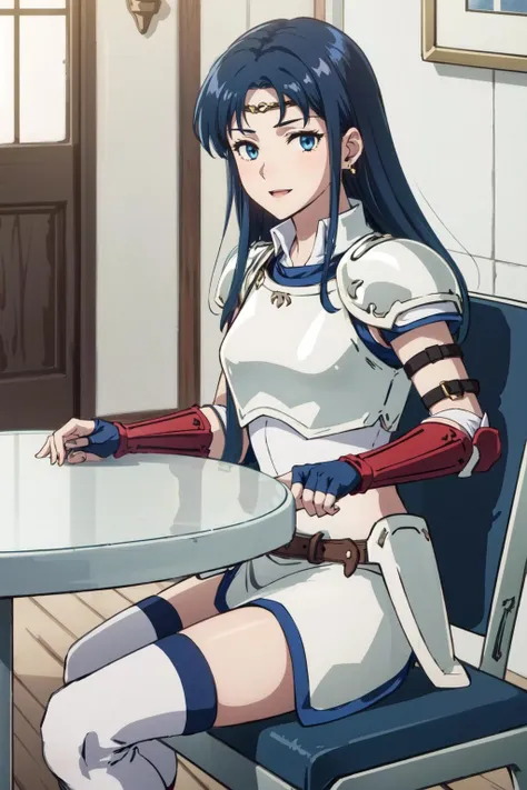 1girl,isadorafe,sitting at table,facing viewer,armor,armored dress,pauldrons,fingerless gloves,,blue eyes,circlet,jewelry,thighhighs,earrings,happy,white armor,in palace,indoors, <lora:IsadoraFE:1>, <lora:LORA-XenoDetailer-v2:0.1>