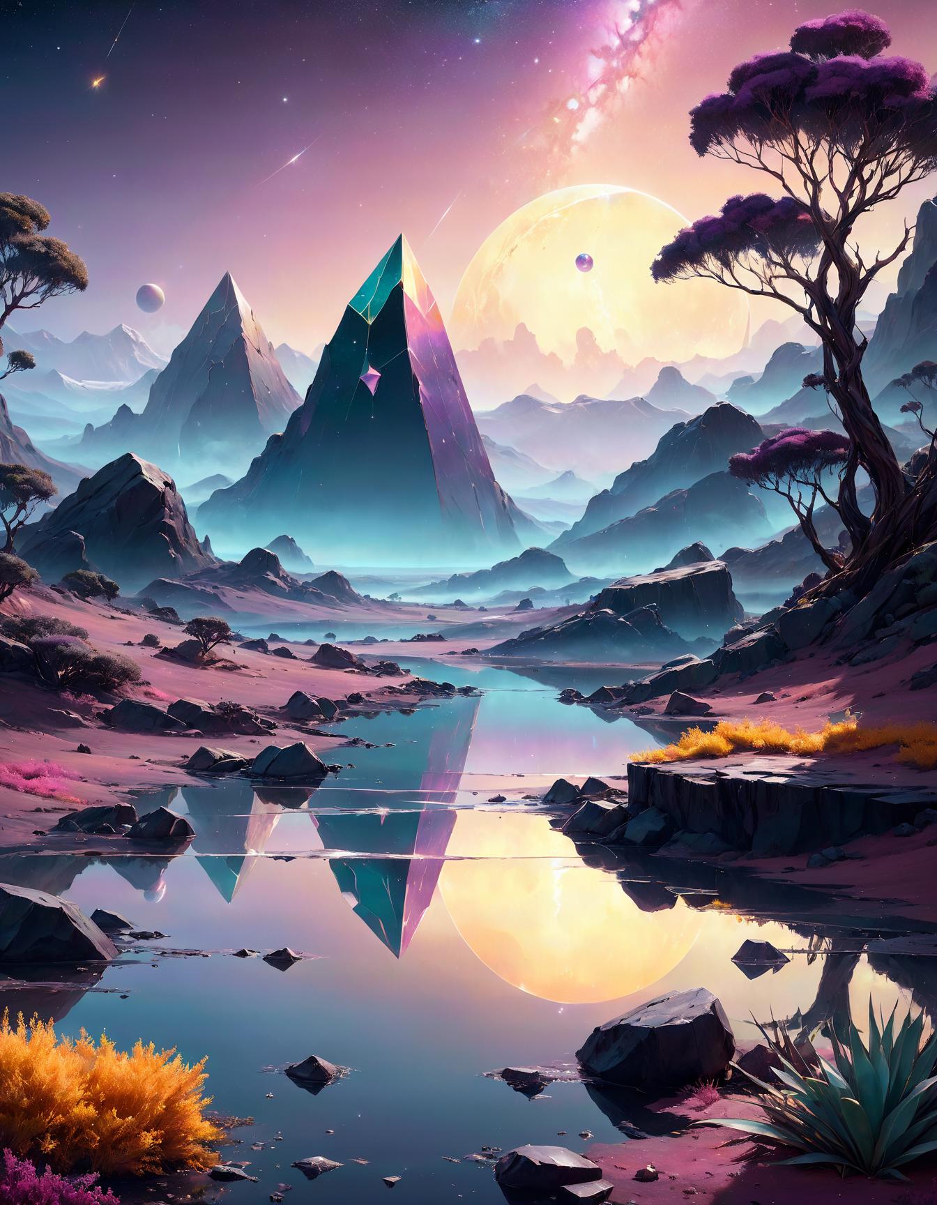 A painting of a mountain with a lake and trees in the foreground ...