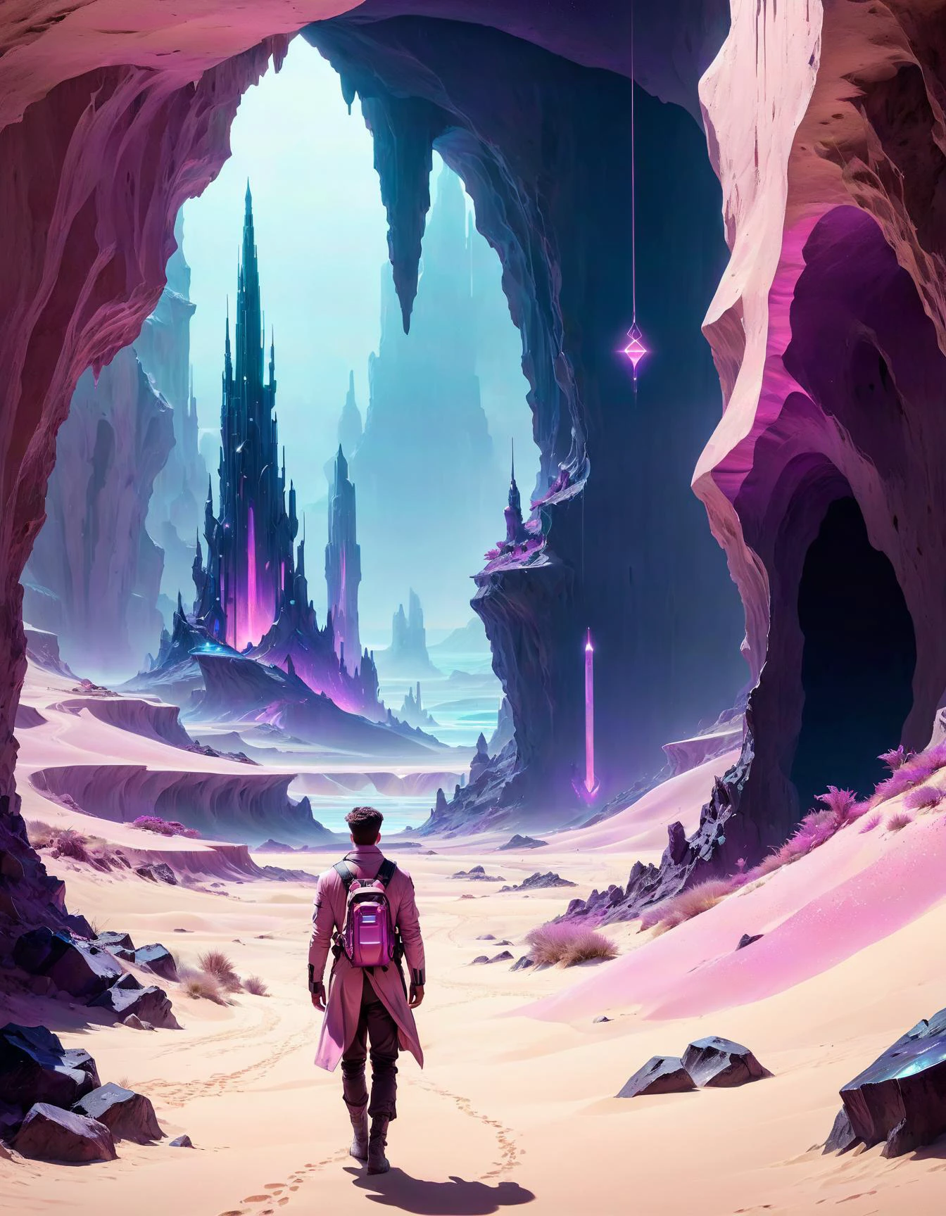 masterpiece,highres,realistic,best quality,beautiful landscape,landscape with Simultaneous Contrast,
RamblernExplorer,
dystopia,
sand,
futuristic cityscapes,
bioluminescent caverns on the background,
Millennial Pink and Millennial Pink and Advent Purple,
surrealism,distopyc,TimeCollapseX style,<lora:TimeCollapseX_epoch_10:1><lora:perfect feet:1><lora:Perfect Hands:1>