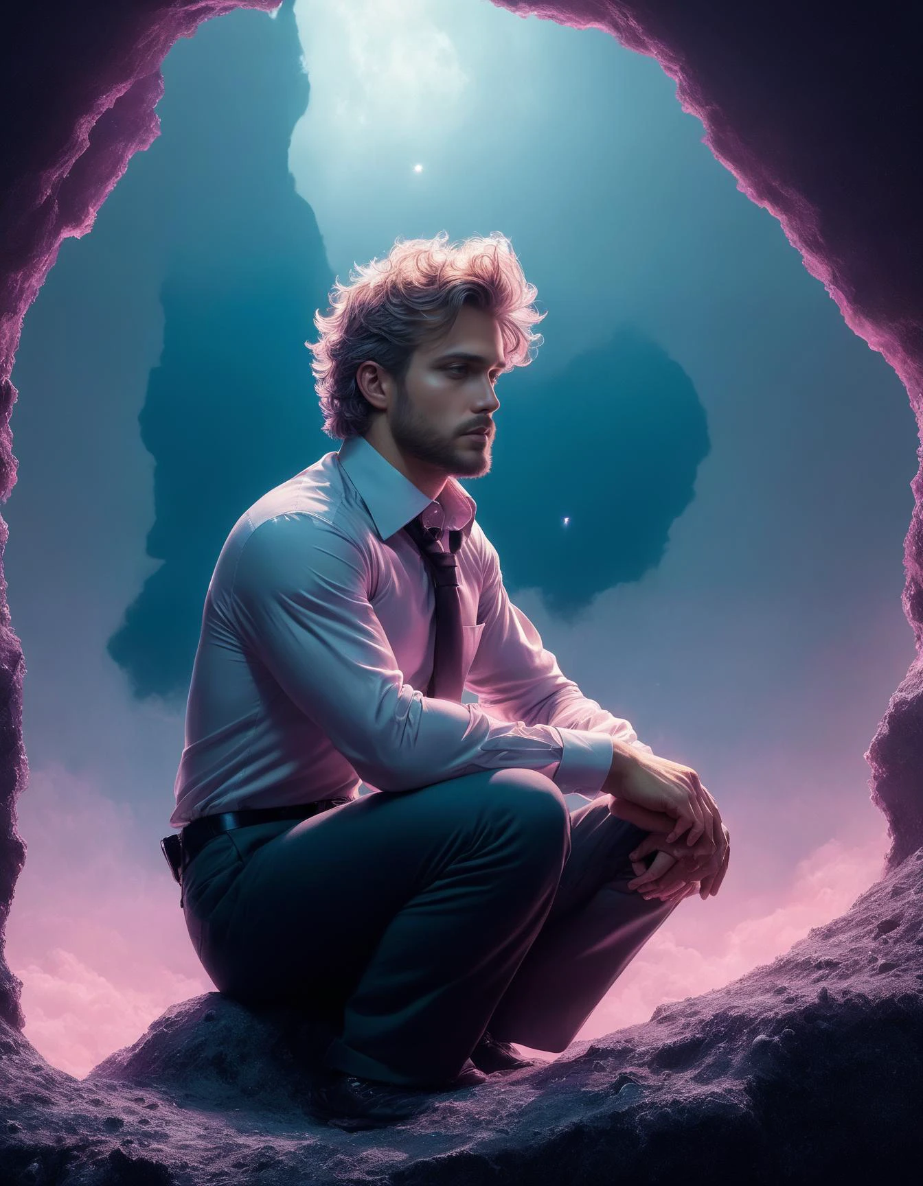 masterpiece,highres,realistic,best quality,boudoir,diagonal lines,appealing men,Sitting with legs crossed hands resting on knees, long-sleeve shirt, shaggy hair hairstyle,
Pilgrim,
silhouettes,
abyss,
psychic phenomena,
deep-sea trenches on the background,
Passion Pink and Gun Smoke Gray and Light Orange,
surrealism,distopyc,TimeCollapseX style, d une<lora:TimeCollapseX_epoch_10:1><lora:perfect feet:1><lora:Perfect Hands:1>