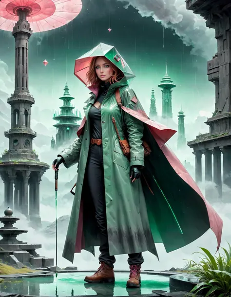 masterpiece,highres,realistic,best quality,beautiful landscape,landscape with Radial Balance,
Adventurer,
raincoat,
rusty,
bioengineered life forms,
ancient celestial temple on the background,
Jade Green and Valentine Pink and Gun Smoke Gray,
surrealism,distopyc,TimeCollapseX style,<lora:TimeCollapseX_epoch_10:1><lora:perfect feet:1><lora:Perfect Hands:1>