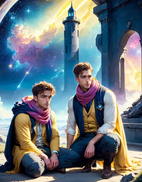 masterpiece,highres,realistic,best quality,beautiful men,Sitting on the ground with knees pulled to the chest, scarf,
Traveler,
serenity,
ruined,
ethereal beings,
celestial observatory on the background,
Safety Yellow and Bright Navy and Lip Pink,
TimeCollapseX style,<lora:TimeCollapseX_epoch_10:1><lora:perfect feet:1><lora:Perfect Hands:1>