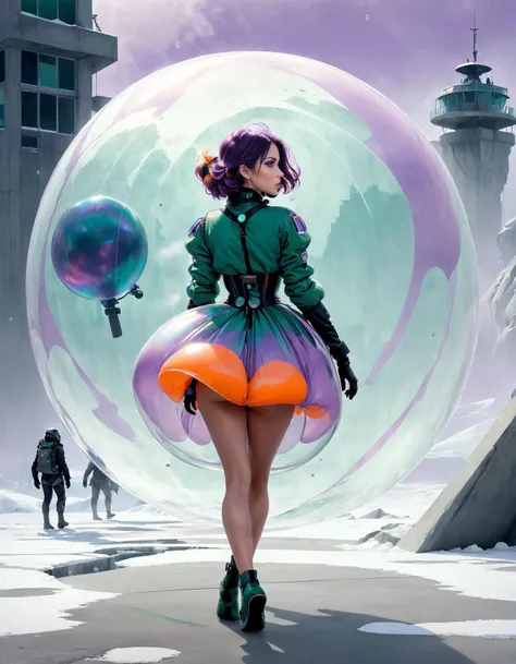 masterpiece,highres,realistic,best quality,beautiful girl,Pretending to be stuck in a large bubble,bustle,
Strider,
silhouettes,
concrete,
cybernetic enhancements,
Arctic tundra on the background,
Hunter Green and Bright Orange and Lilac,
surrealism,distopyc,TimeCollapseX style,<lora:TimeCollapseX_epoch_10:1>,<lora:perfect feet:1>,<lora:Perfect Hands:1>,