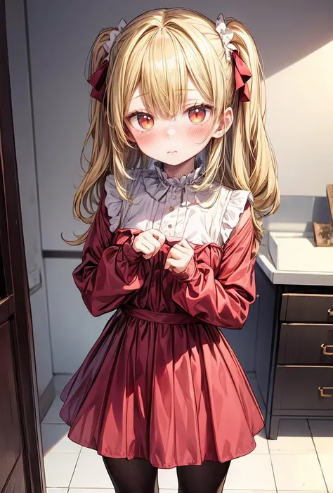 (masterpiece, best quality), 1girl, blonde hair, red dress, pantyhose, cute face, blush, <lora:add_detail:1>