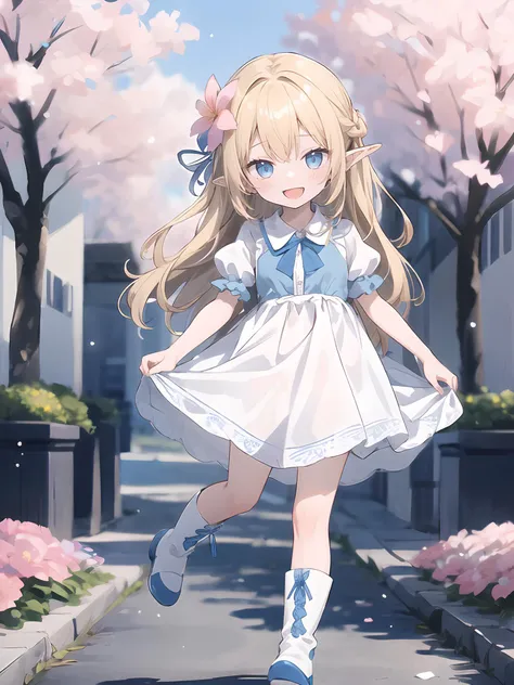 1girl, colorful, detailed, blonde hair,
happy,
, :d, blue dress, blue eyes, blurry, blurry background, boots, collared shirt, day, dress, flower, full body, holding, holding flower, light particles, long hair, looking at viewer, outdoors, pink flower, pointy ears, puffy short sleeves, puffy sleeves, shirt, short sleeves, smile, solo, very long hair, white dress, white shirt